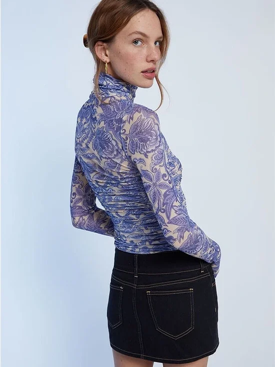 Free People Under It All Bodysuit XS Porcelain Combo Blue Floral Mesh Ruched NWT - Picture 2 of 14